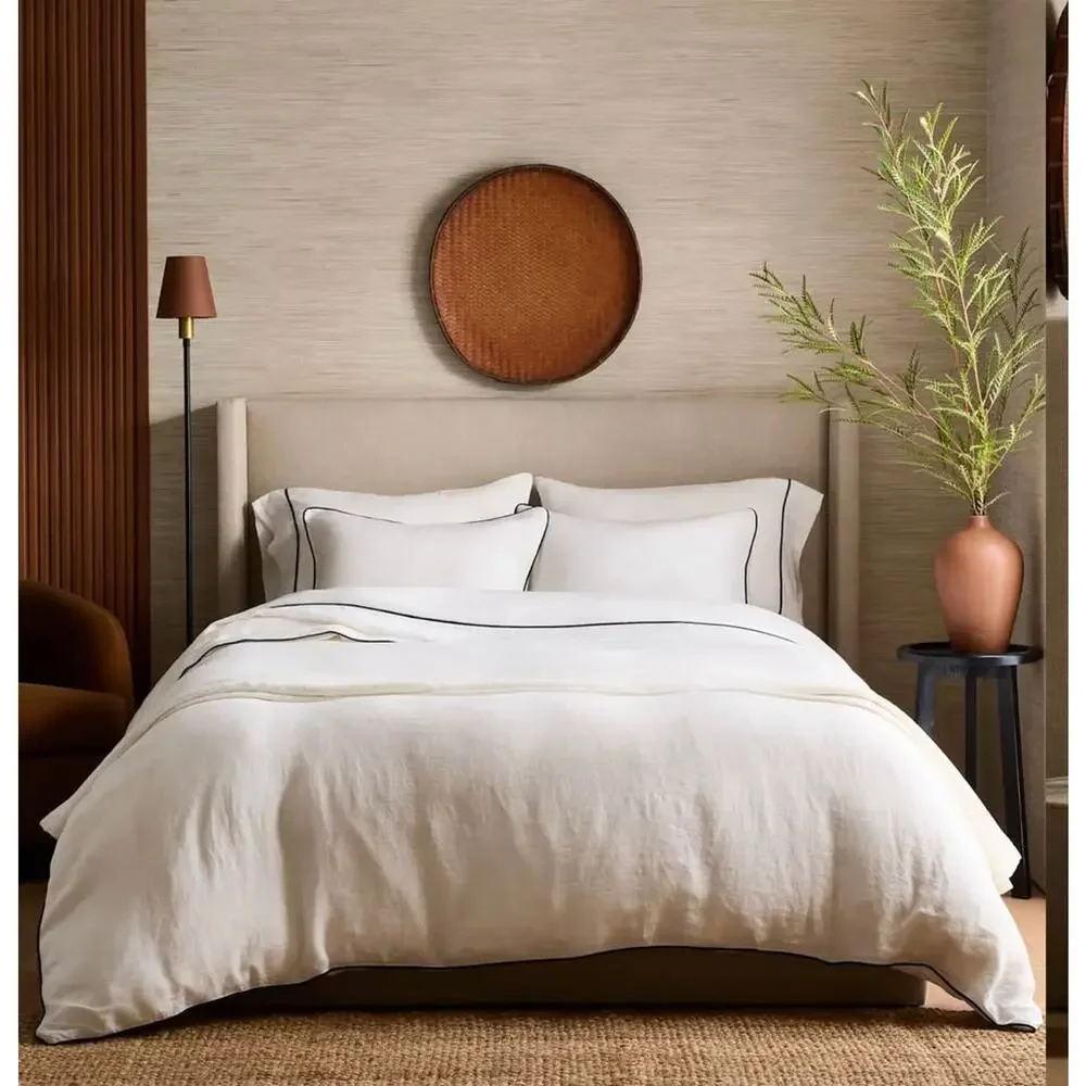 Quince Organic Linen White Piped Duvet Cover Set in size King/ Cal King